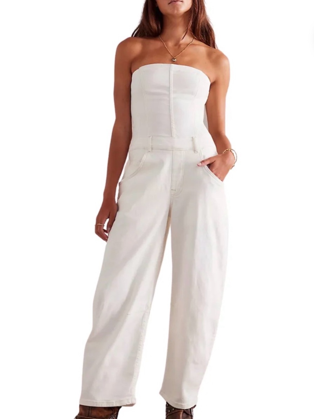 WE THE FREE JE SUIS PRET BARREL JUMPSUIT IN STONE WHITE size S